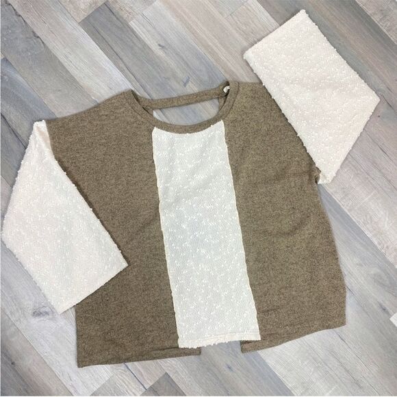 POL‎ Open Tie Back Sweater Bell Sleeve Color Block Brown Cream Large - Picture 13 of 13